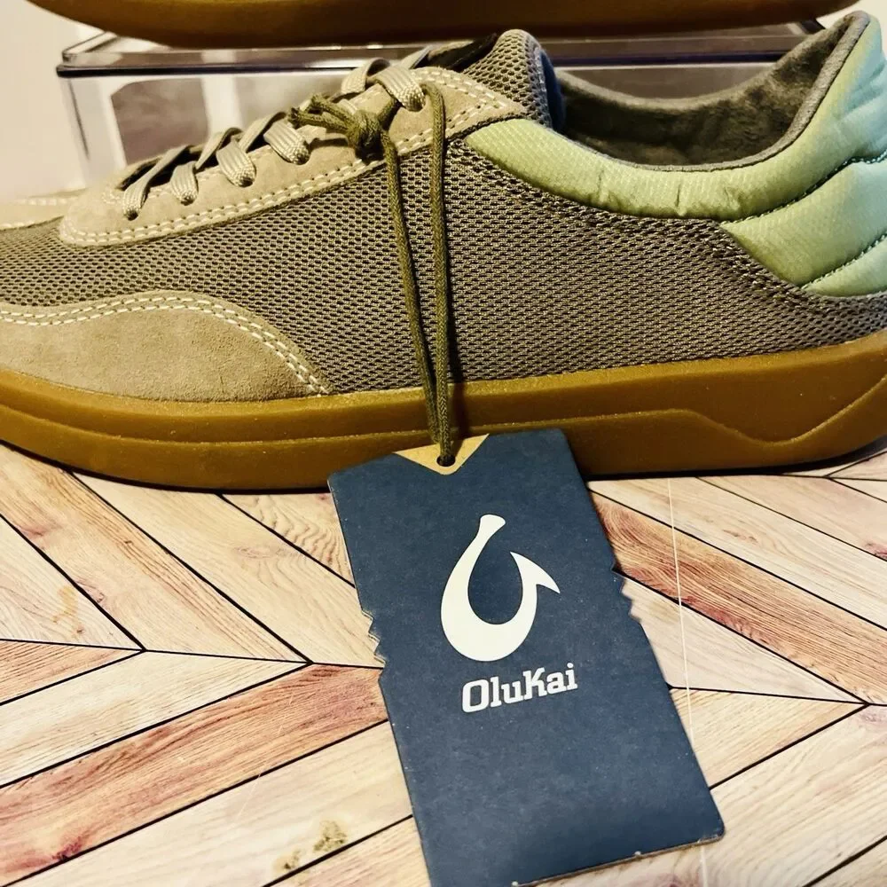 Olukai Punini Men’s 7 M‎ Sneakers Clay Lemon Grass Mesh Suede Drop in Heel Tan